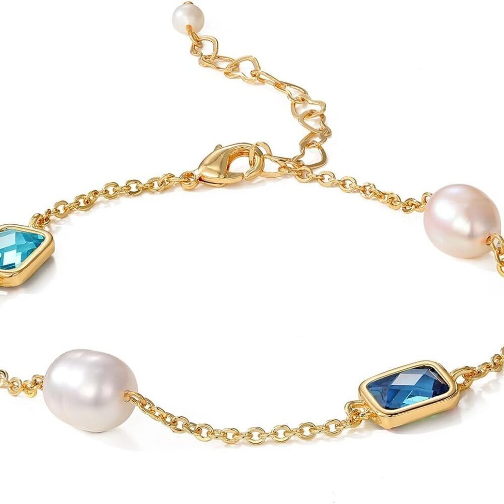 Gold Pearl Bracelet Women 18K Gold Plated Cubic Zirconia Adjustable Link